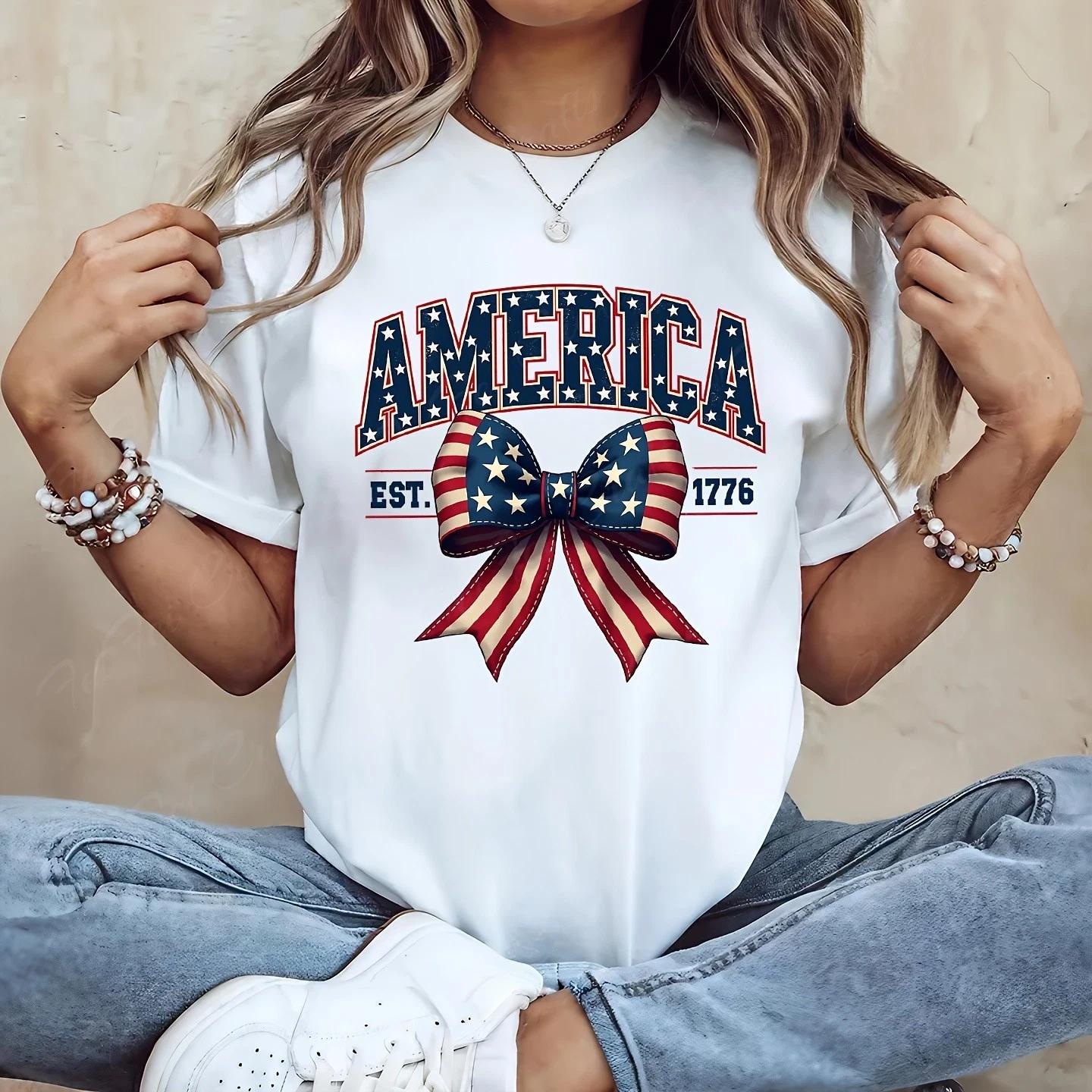 America Est. 1776 Patriotic Bow T-Shirt - Vintage Coquette Americana Graphic Tee M