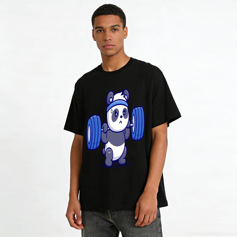 Cute Panda Weightlifting Print Casual T-Shirt Unisex Trendy Sports Top Pure Cotton T-shirt