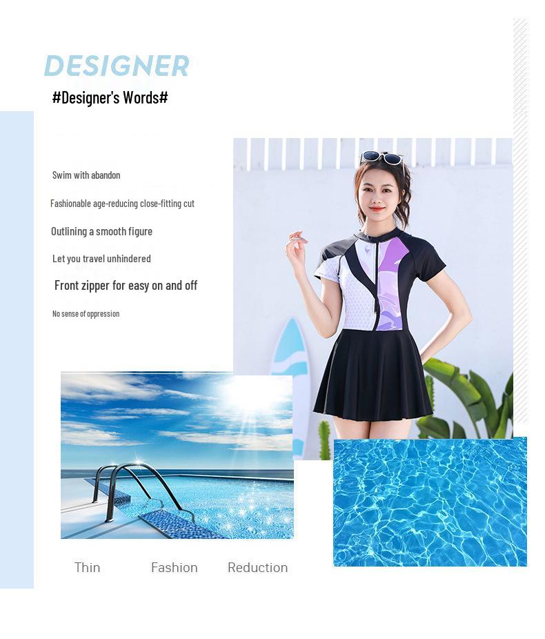2026 Women's One-Piece Skirted Swimsuit, Short Sleeve, Plain Patchwork Design, Customizable.