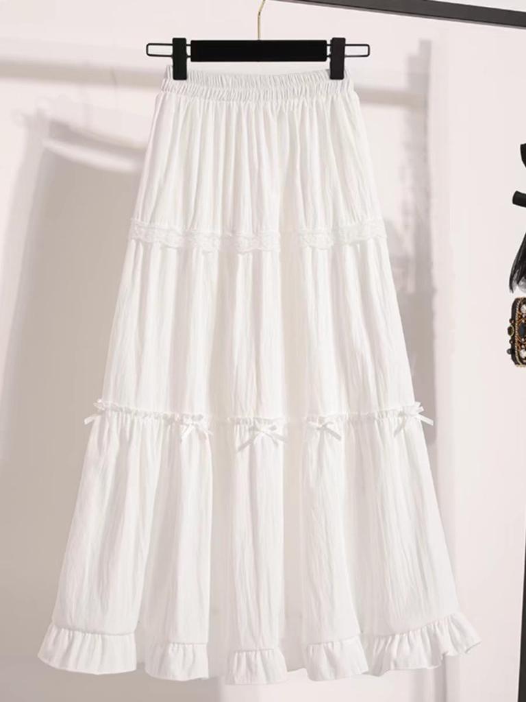 Sweet Lace Bow Ruffle Midi Skirt for Women - Spring 2025 High Waist A-line Style