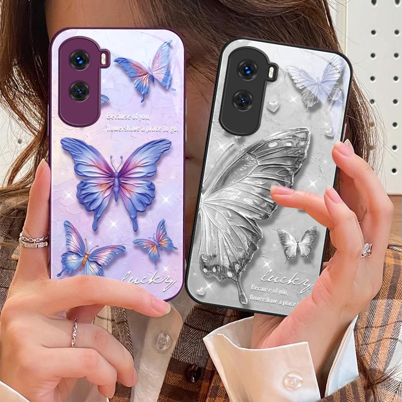 Gradient Colored Butterfly For Honor 200 90 8X 9X Pro Lite P50 P40 Nova 10 11i P60 Magic4 6 Mate 20 50 Tempered Glass Phone Case