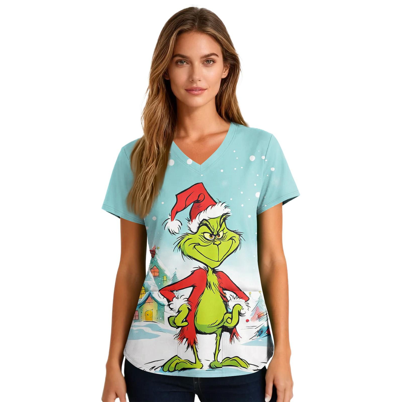 

Women s Cute Printed Work Clothes V-neck Double Layer Pockets Basic Short Sleeve Top Pullover Valentines XL