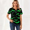 Women's Casual Halloween Print V Neck Button Front Three Quarter Sleeve T Shirt Top for Everyday Wear and Seasonal Occasions