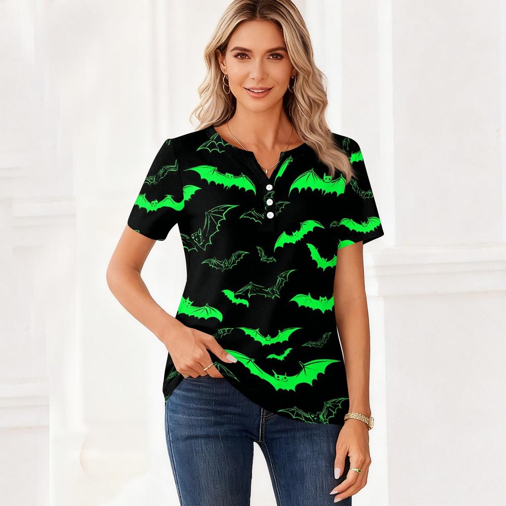 Women's Casual Halloween Print V Neck Button Front Three Quarter Sleeve T Shirt Top for Everyday Wear and Seasonal Occasions