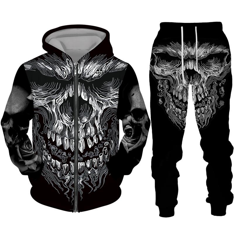 Sudadera con cremallera negra y pantalón con estampado 3D de calavera fresca, conjunto de chándal estilo gótico punk para hombre y mujer, conjunto de chándal 2026, disfraz de streetwear para Halloween