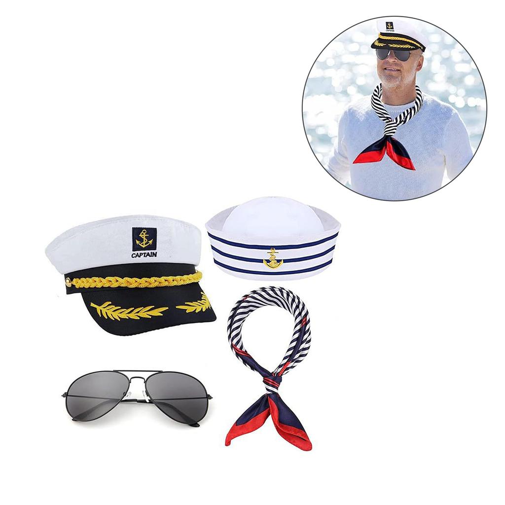 Sjömans Silkescarf Kaptenshatt Solglasögon Set för Möhippa Bröllopsfirande Marinmössa Seglingsfest Kostym