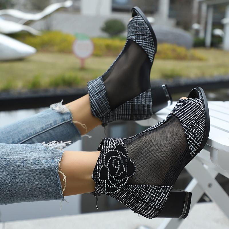 Fish Mouth Sandals Fall New Round Toe Open Toe Flower Paneled Mesh Rear Zip Anti-Slip Wear-Resistant Pumps