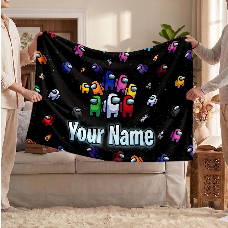 Among Us Personalized Flannel Blanket, Custom Printed Text Name, Warm Soft Blanket For Couch Bed