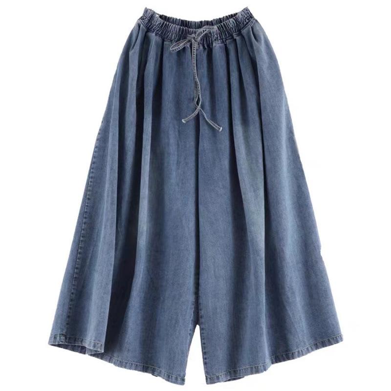 Vintage Washed Distressed Women Jeans Elastic Waist Lace-up Wide Leg Slimming Seven Point Skirt Pants Loose Casual Pants  Female Trousers