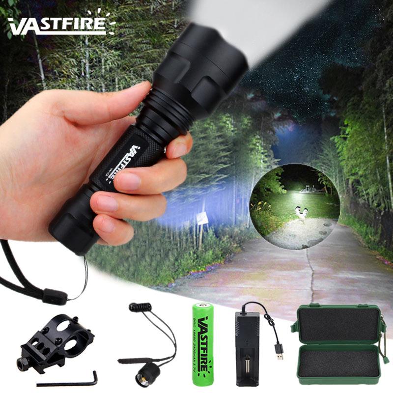 5000LM C8 LED Flashlight Tactical Rifle Scope Hunting Torch Portable Lantern+Remote Switch+Rail Barrel Mount+18650+Charger+Box