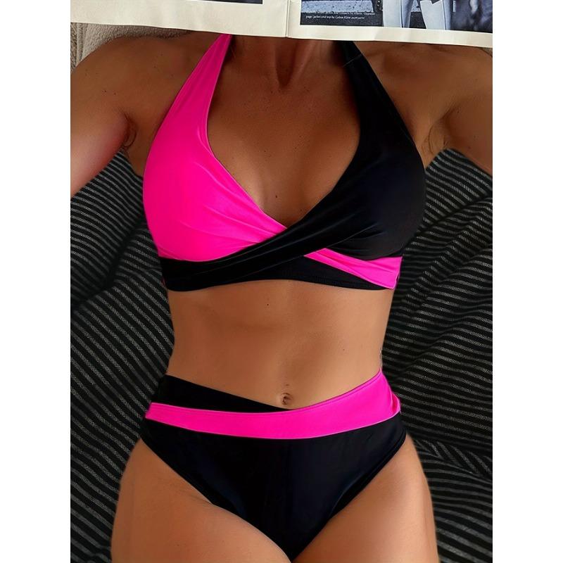 Women's Black and White Color Block Halter V-Neck Cross Front High Waisted Two-Piece Bikini Swimsuit