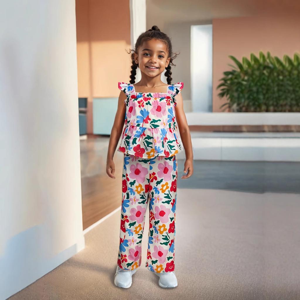 Girls' Fashion Set Summer Children's Casual Floral Print Holiday Top and Pant Set