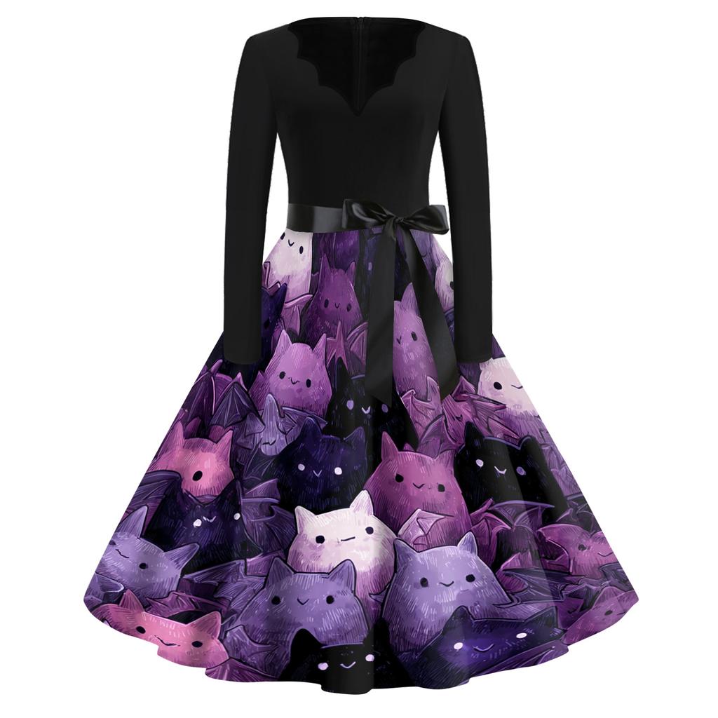 Womens Casual Vintage V Neck Dress Halloween Print Long Sleeve Fit Flare Dress with Bow Waistband Retro Style