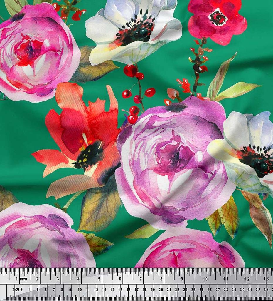 Soimoi Japan Crepe Satin Fabric Leaves,Poppy & Peony Flower Decor Fabric Printed Metre 42 Inch