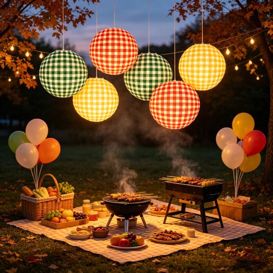 Rot Grün Gelb karierte Papierlaterne Karomuster Kariert Hängende Große Runde Laterne für Geburtstag Junggesellinnenabschied Outdoor Camping Dekoration