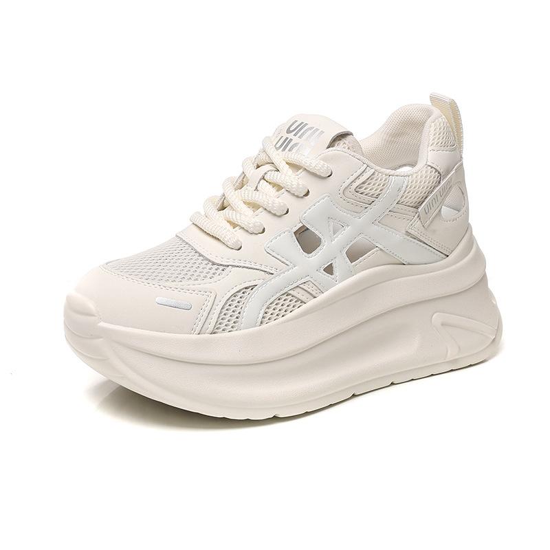 Summer new inner height cutout casual platform student shoes, lace-up color-blocking mesh shoes, small single shoes, women's shoes