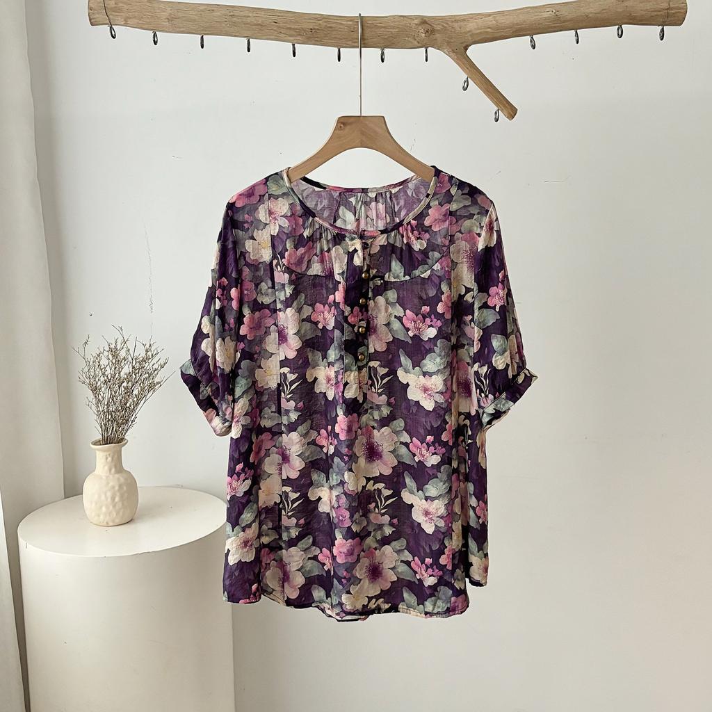 DIMANAF 2025 New Summer Women Linen T-Shirt Buttons Flower Short Sleeve Basic Fashion O-Neck Tops Tees Loose Tees
