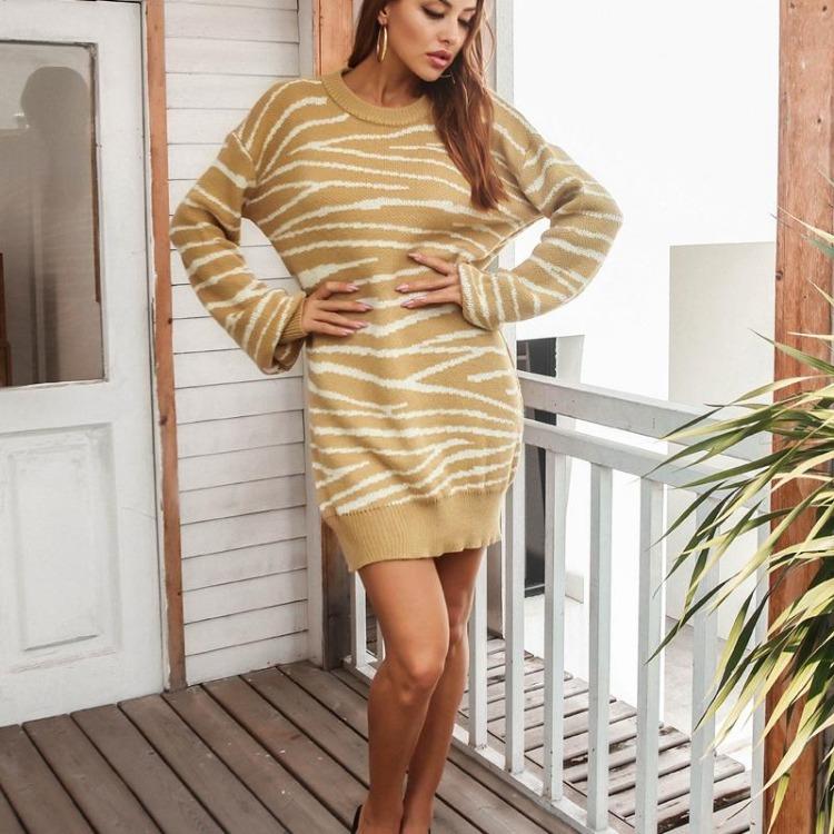Women Casual Loose Waist Mini Knitting Sweater Dress O Neck Full Sleeve Above Knee Straight Clouds Pattern Spring Fall S-L