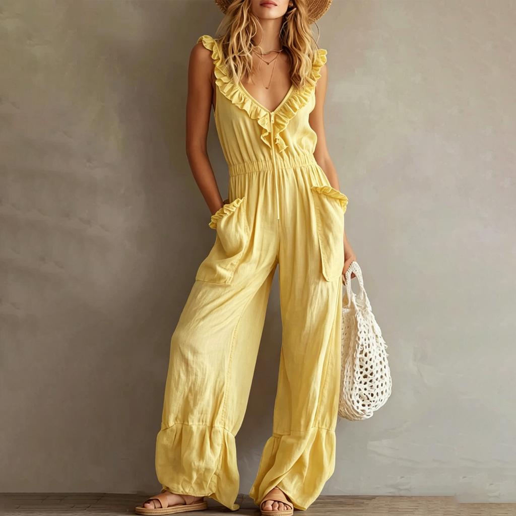 Women's Sleeveless V Neck Jumpsuit with Zipper Front Pockets Ruffle Details Wide Leg Casual Vintage Style Romper