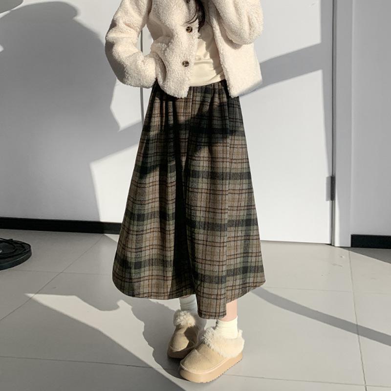 Korean Retro Plaid Woolen A-line Skirt for Women - High Waist Winter Long Skirt S
