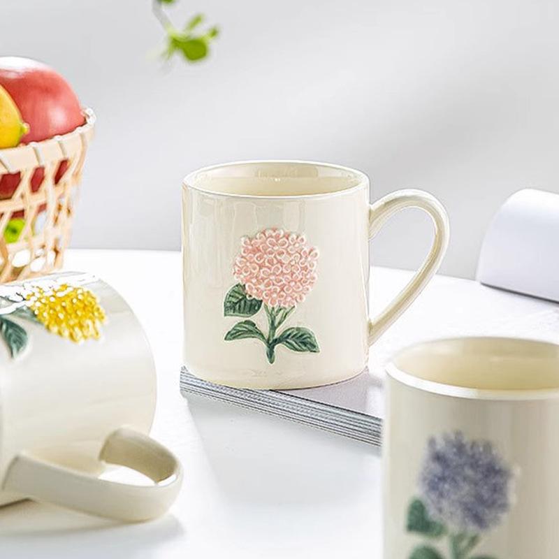 Japanese-Style Handmade Three-Dimensional Color Hydrangea High-Value Literary Relief Ceramic Breakfast Cup Drinking Cup