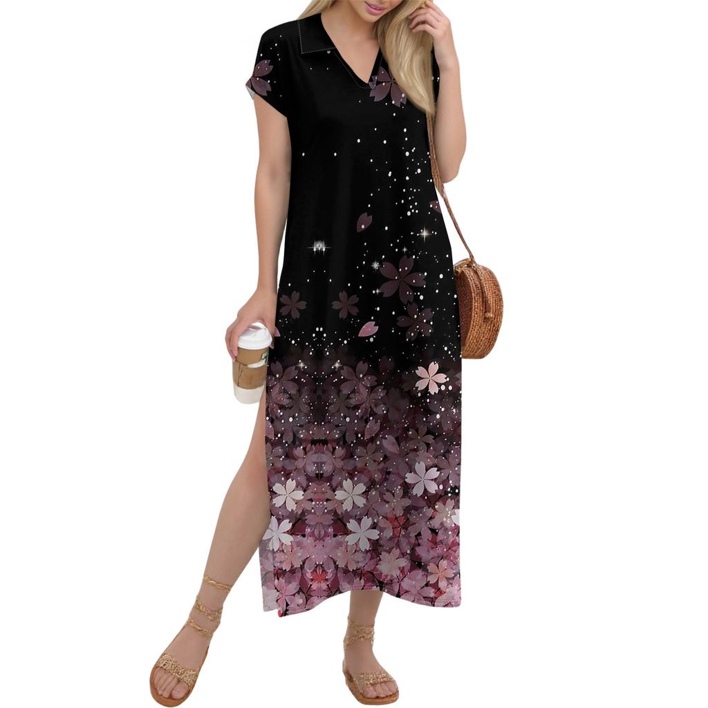 Damen Langer Rock Lässiges V-Ausschnitt Langes Hemdkleid Lockerer Schlitz Urlaub Kurzarmkleid