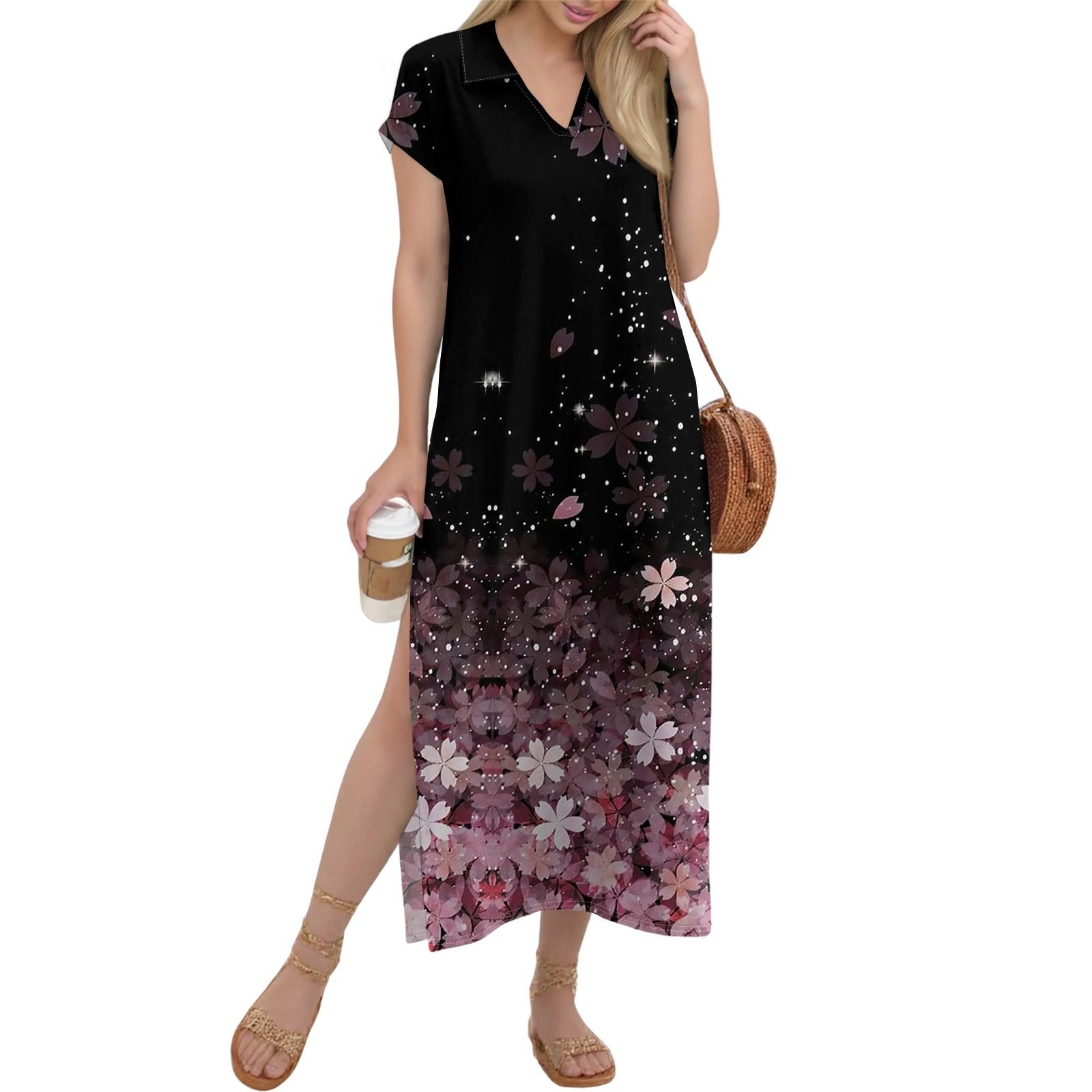 

Женское длинное платье-рубашка с V-образным вырезом, повседневное, с коротким рукавом и свободным разрезом XXL розовый