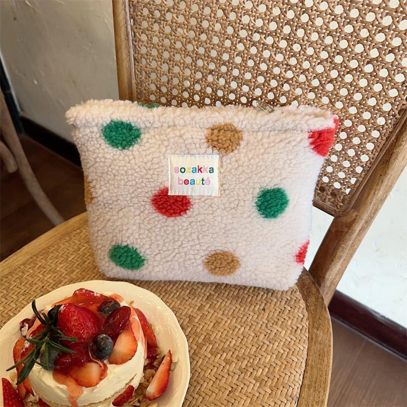 Wind Winter Plush Cosmetic Bag Color Polka Dots Large Capacity Travel Skin Care Cosmetics Storage Bag Women