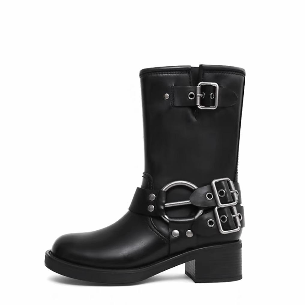 Miu * Home Knight Boots Belt Buckle Thick Heel Martin Boots Women's Leather Retro Knee Boots Western Cowboy Boots