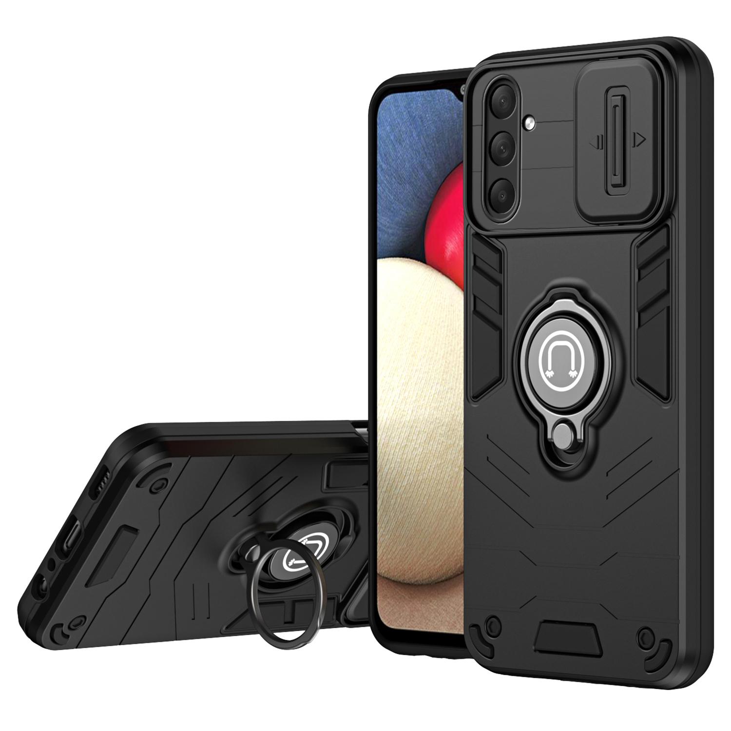 

For Samsung Galaxy M54 5G/F54 5G Case Ring Kickstand PC+TPU Phone Cover with Slide Lens Guard Black