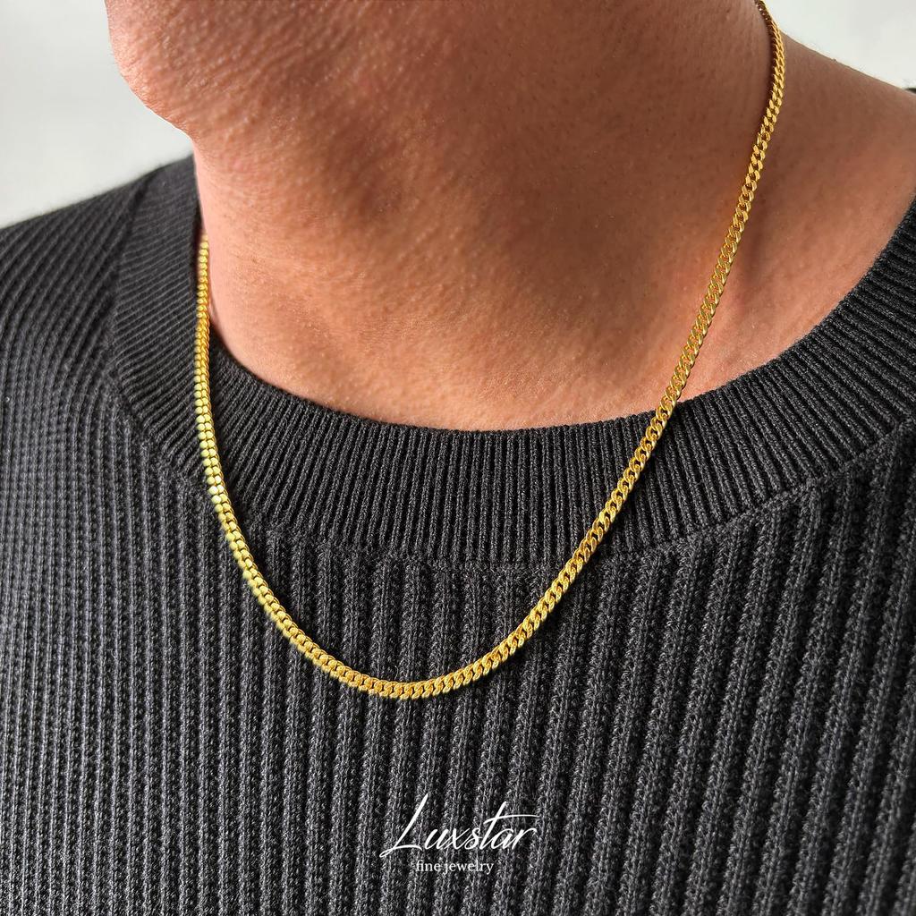 [LUXSTAR] Curb Chain Necklace, Sterling Silver 925, Gold Plated, Men's & Women's, with Adjustable Clasp (Gold, 45cm + 5cm)