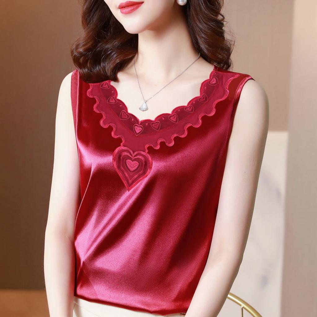Fashion Lace Camisole Vest for Women In Summer, Satin V-neck Undershirt for Outerwear, Suit for Undersized Sleeveless Top