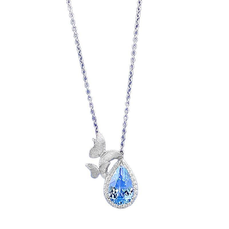Hui Zhiyi S925 Silver Topaz Butterfly Necklace – Light Blue Teardrop Pendant
