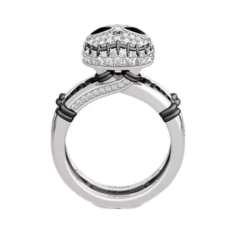 Luxurious Black & White Skull Ring Set for Women - Full Diamond Smile Design