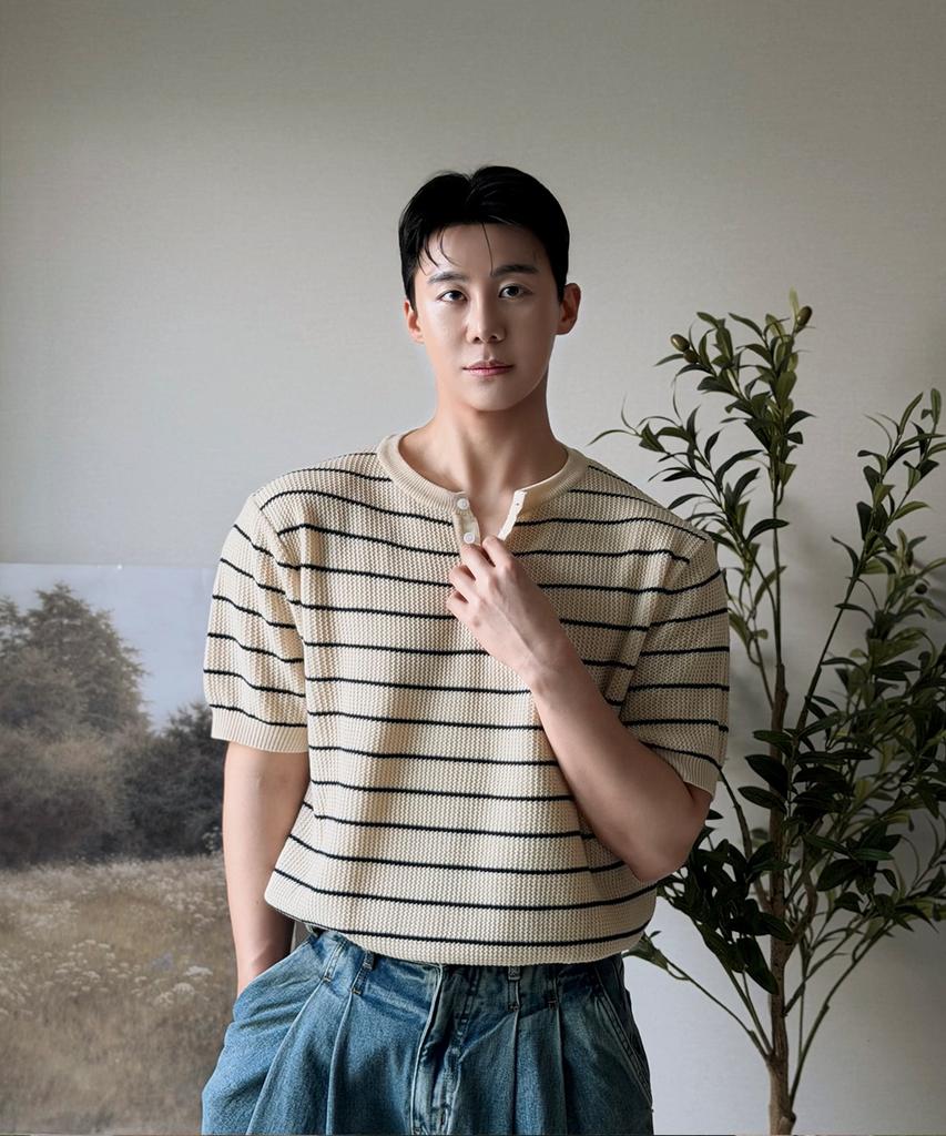 POLYGRAM Textured Striped Henley Neck Short Sleeve Knit - Cream