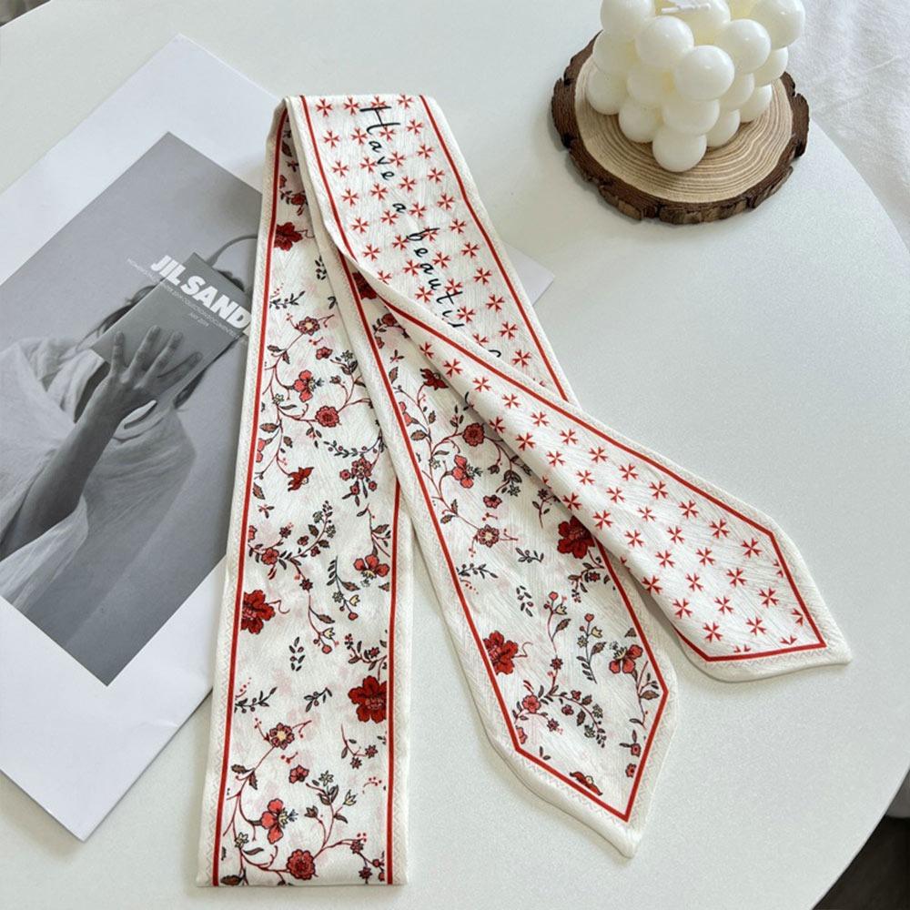 Long Thin Satin Silk Ribbon Scarf Fresh Floral Bag Strap Trendy Hair Tie  for Women