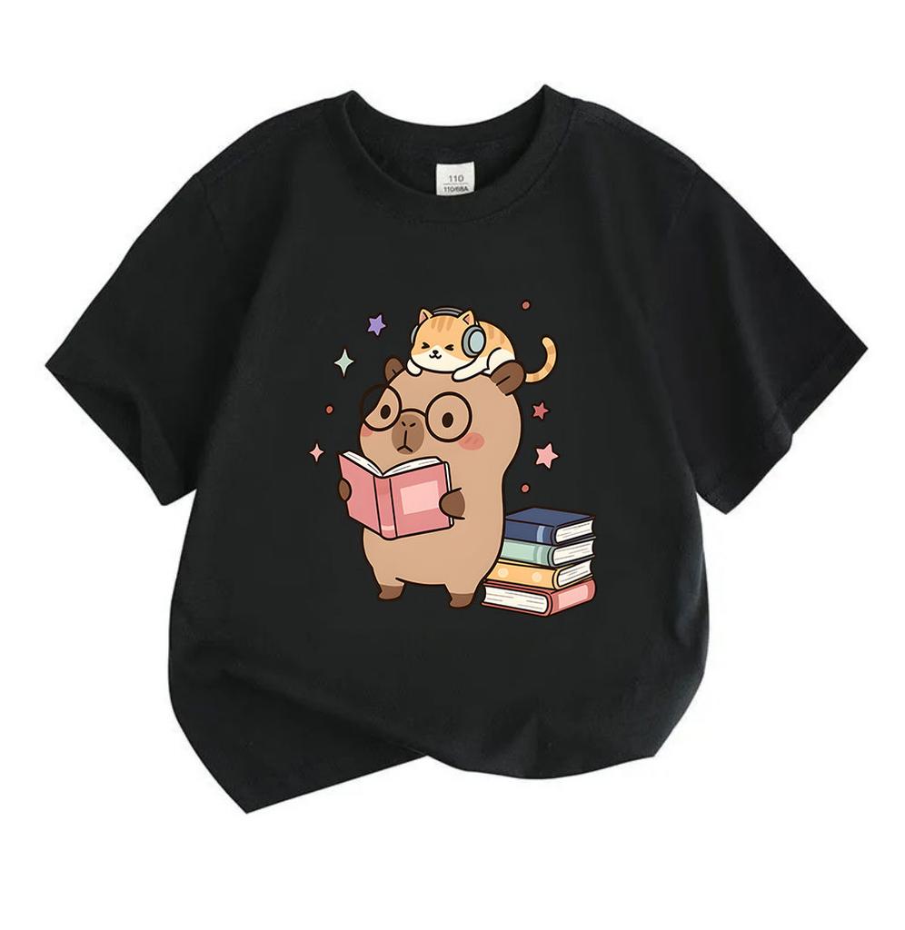 Kids Boys Girls 100% Cotton Crew Neck Short Sleeve T-Shirt, Cute Capybara Reading Book Cat With Headphones Print Casual Comfy Tee For Daily School Pla