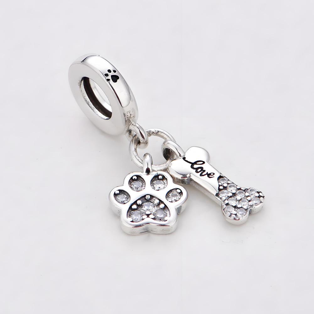 S925 Silver Pet Theme DIY Jewelry Accessories Zircon Paw Print And Bone Dual Pendant Bracelet Necklace Beads
