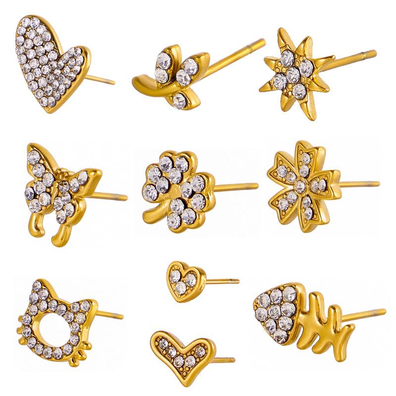 CARLIDANA Hot Selling Zircon Inlaid Earrings Heart Butterfly Star Cat Flower Stainless Steel Gold Plated Earrings Jewelry Women