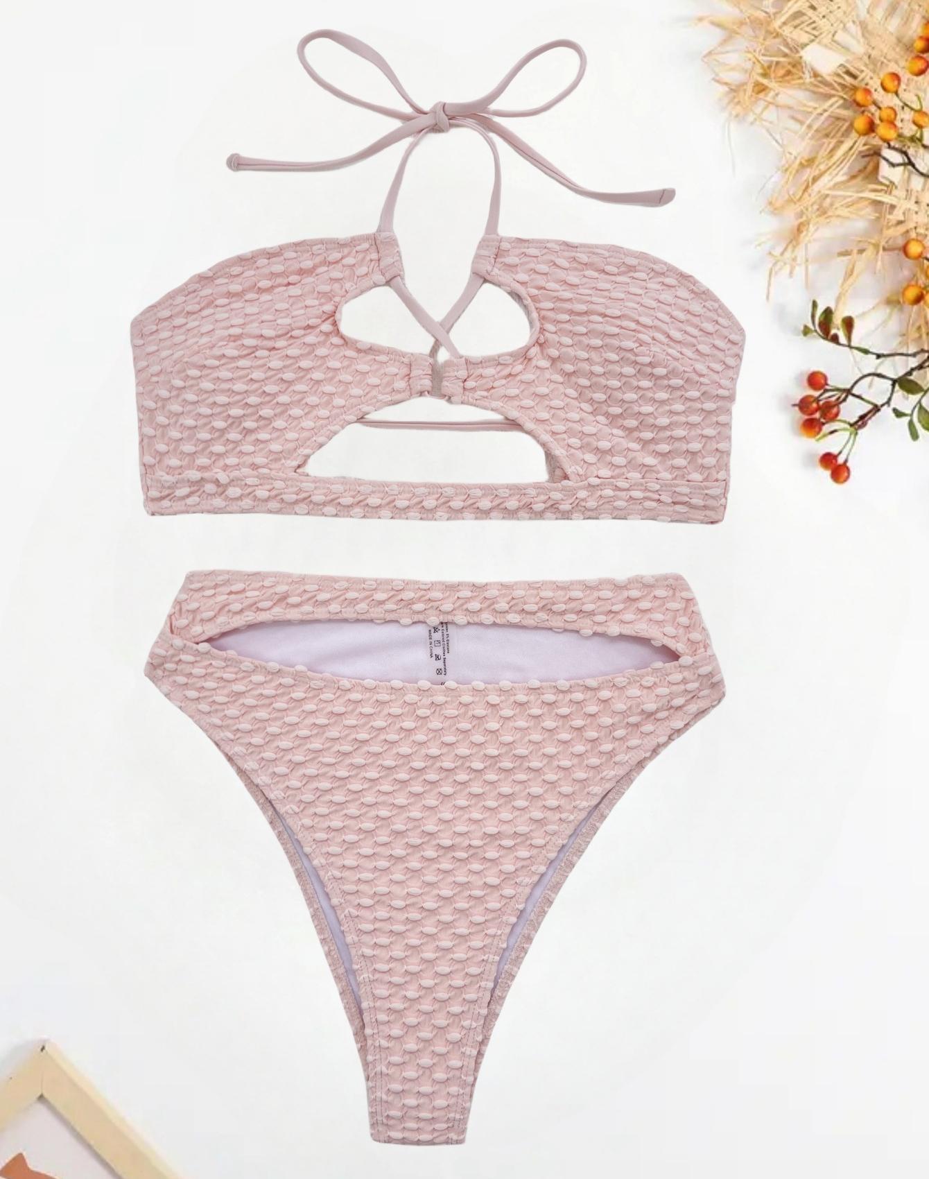 

Женский купальник, однотонный, с завязками на шее, с высокой талией, с разрезом, купальник-бикини, пляжная одежда, купальные костюмы L розовый