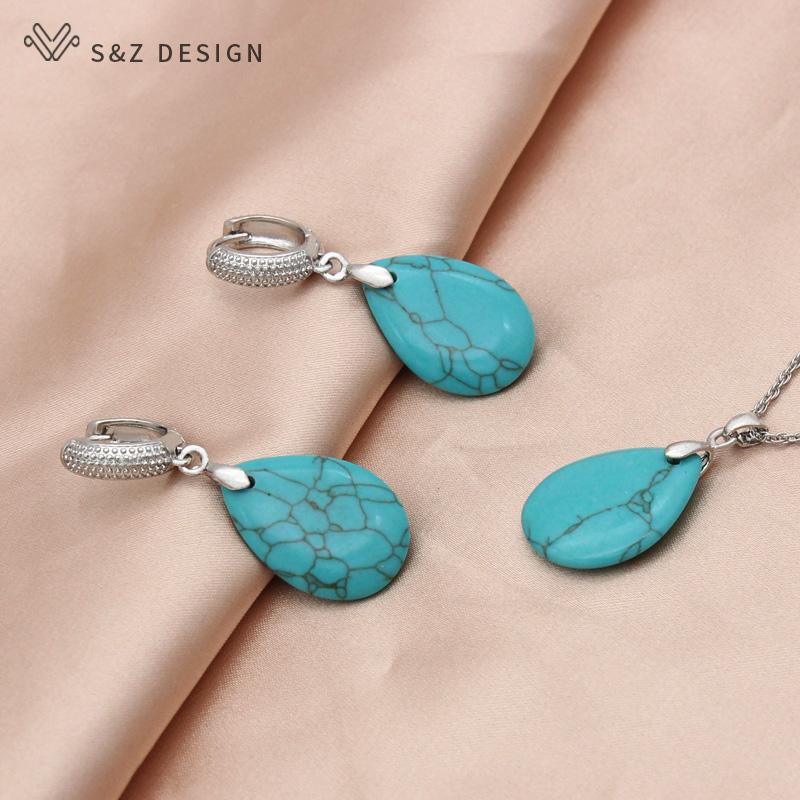 

Винтажные висячие серьги цвета розового золота с каплями воды, синтетические бирюзовые серьги, комплекты ювелирных изделий для женщин, свадебные украшения