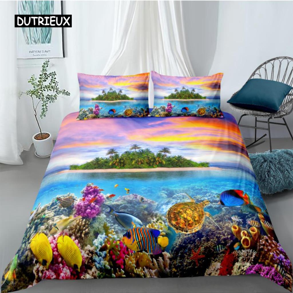 Ocean Duvet Cover Set Queen Double Size Polyester Ocean Animals Fishes Tortoise and Rainbow Color Coral Printed Comforter Cover