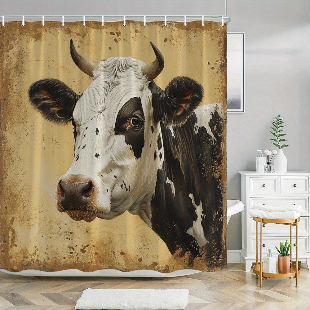 1pc Holstein Cow Portrait Shower Curtain - Black & White Realistic Cow Face Design, Warm Aged Parchment Texture, Farm-Inspired