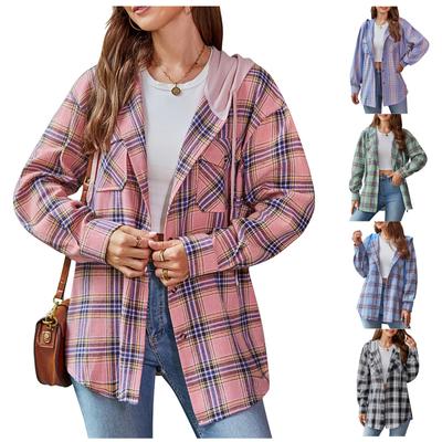 Jaqueta para mulheres com capuz e cordão, camisa xadrez com estampa, jaqueta, manga comprida, casaco com botões