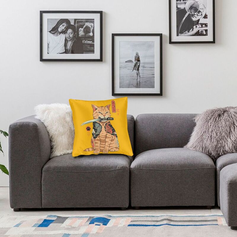 Funny Catana Feline Cat Cushion Cover 35x35 Cm Japanese Samurai Cat Dog Throw Pillow Cases Decoration Salon Sofa Chair Pillows