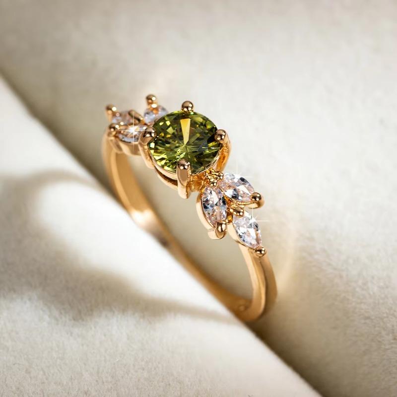 Huajie Olive Green Round Zircon Charming Wedding Rings for Women Engagement Tail Ring Fashion Earing