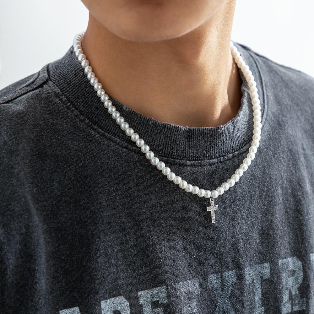 Cross Pendant Hiphop Pearl Cool Fashion Necklace Men Necklace Clavicle Choker Korean Style Necklace