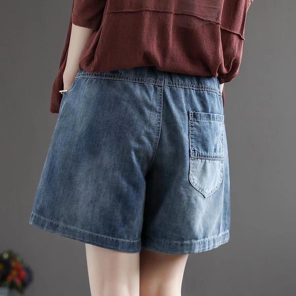 Women's Denim Shorts Summer Thin Style Large Size Loose High Waisted Embroidered Wide Leg Casual
