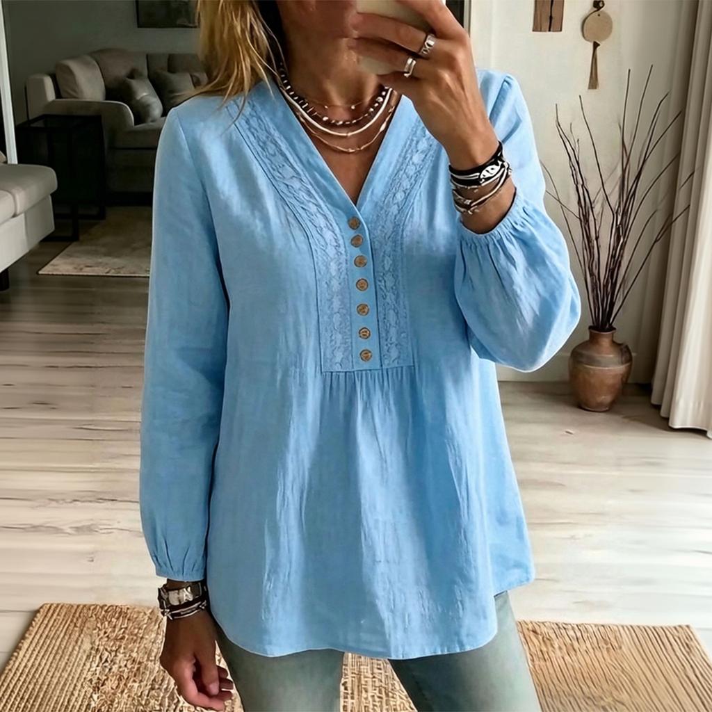 Women's V-Neck Lace Trim Long Sleeve Blouse Color Button Front Casual Shirt Top