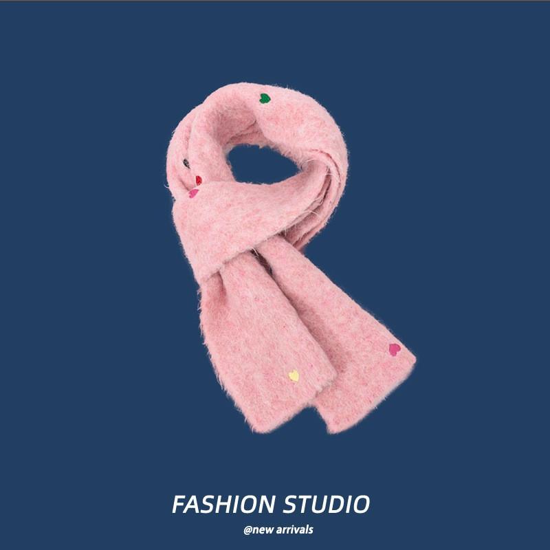Warm Wool Fleece Scarf With Heart Embroidery Cross Neck Design Lightweight Cozy Winter Accessory Women
